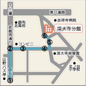 武蔵境通りバス停 山野 から深大寺分館への道案内 調布市立図書館